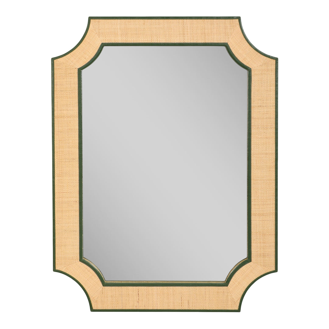 Raffia Mirror with Green Leather