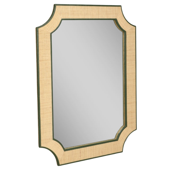 Raffia Mirror with Green Leather