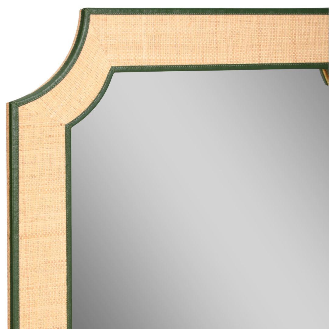 Raffia Mirror with Green Leather