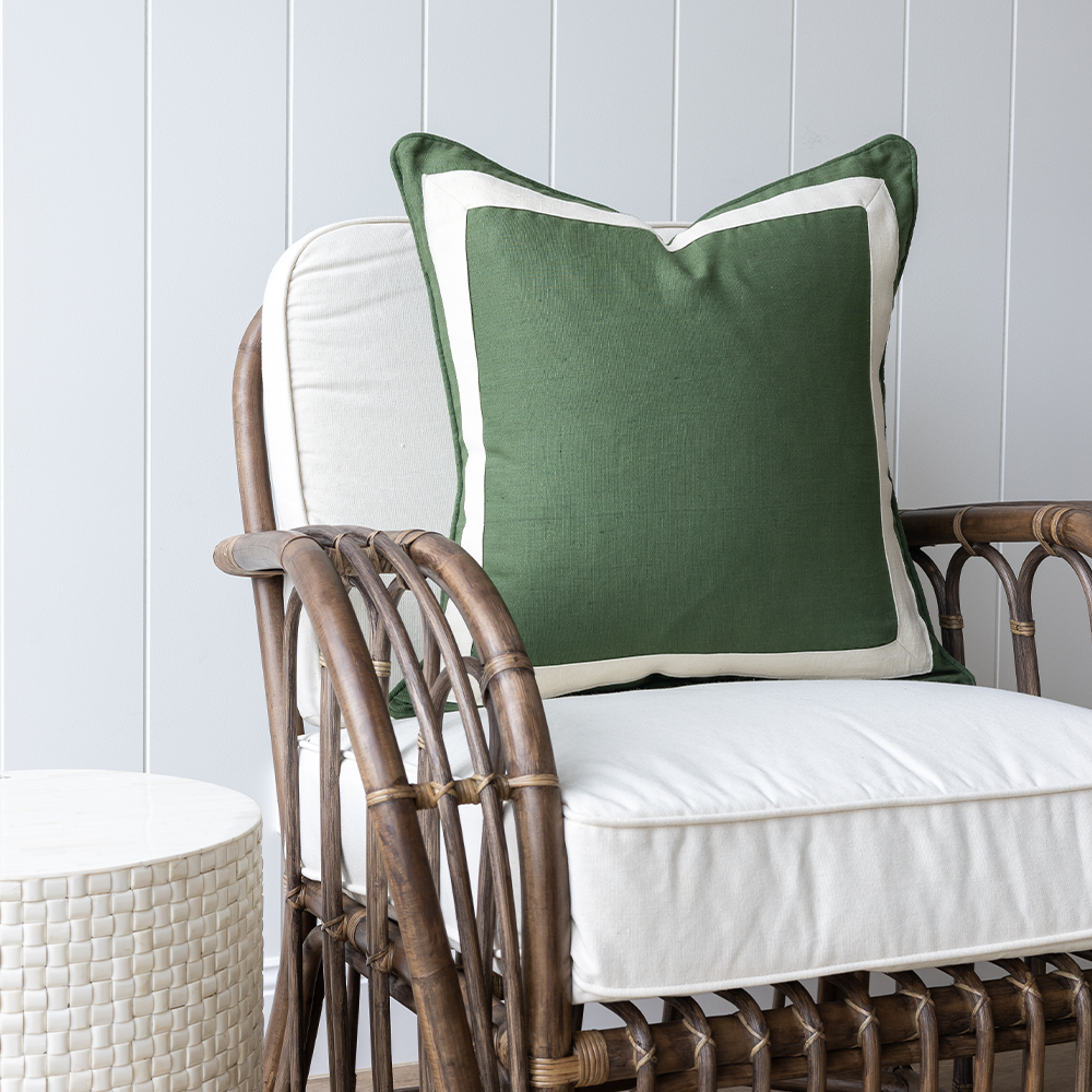 Green Linen Ivory Border Cushion