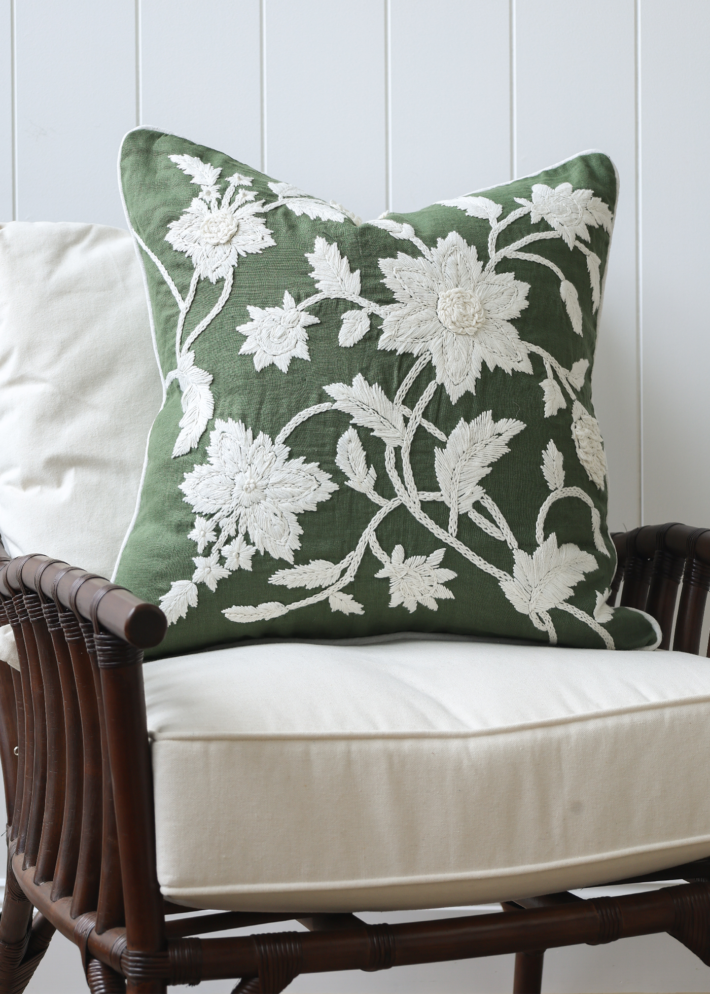 Green & White Embroidered Floral Cushion
