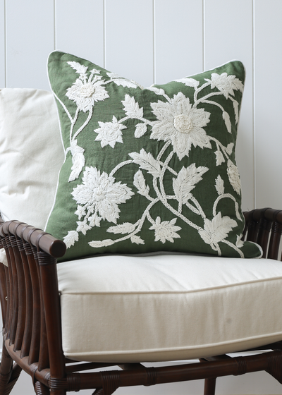 Green & White Embroidered Floral Cushion