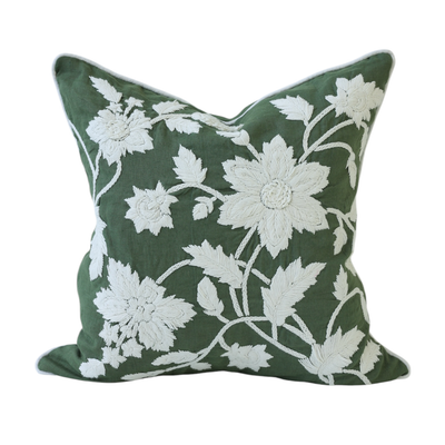 Green & White Embroidered Floral Cushion