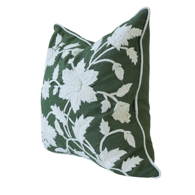 Green & White Embroidered Floral Cushion