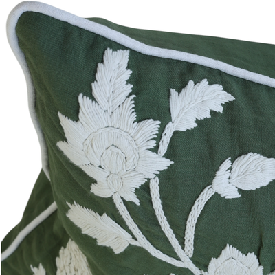 Green & White Embroidered Floral Cushion