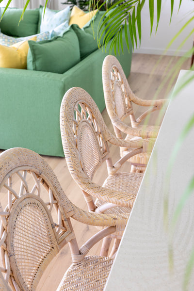 Top image of styled Lola Bar Stools with a green couch in the background, and palm leaves overhead