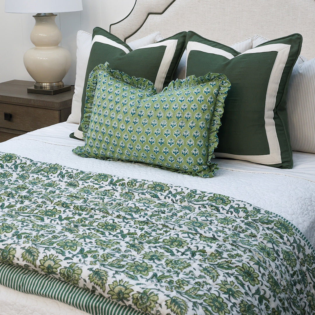 Herb Green Floral & Stripe Quilt Q
