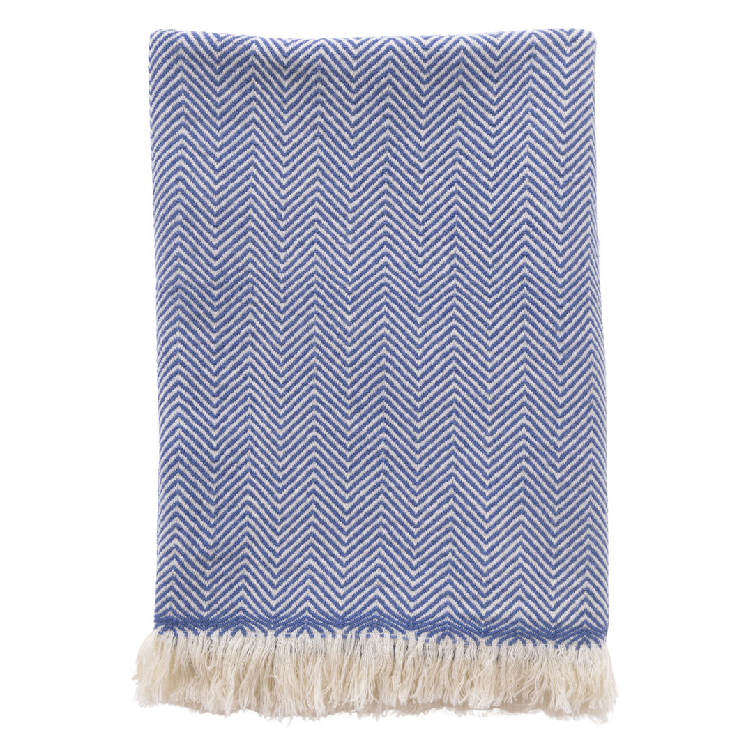 Blue and white striped wool blanket with fringe detail on a white background