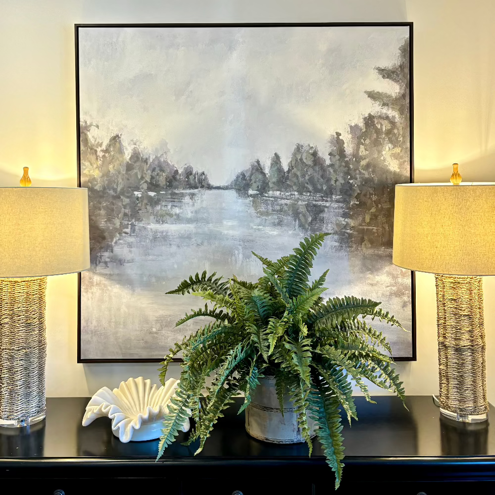 Faux Boston ferns in a painted timber vessel