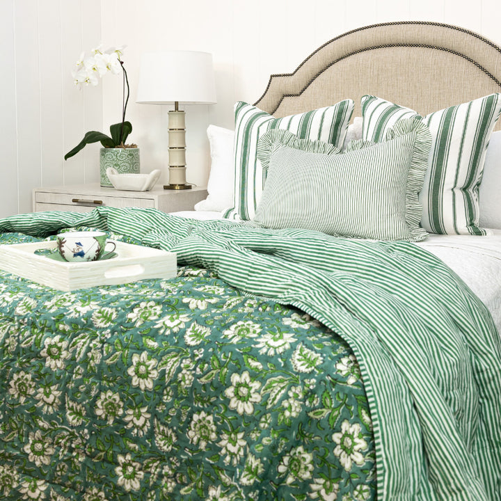 Jade Green Floral & Stripe Quilt
