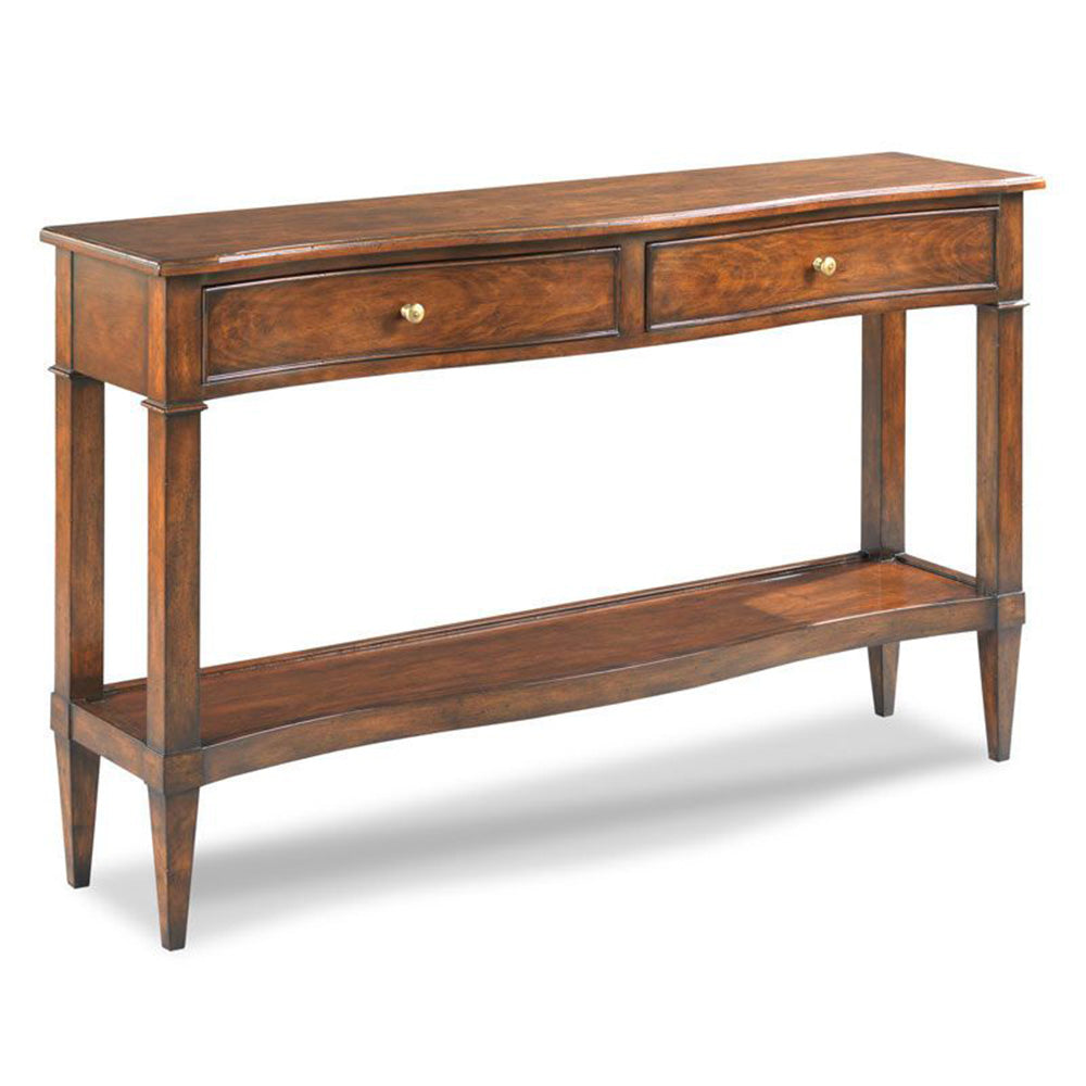 Front image of the kensington console featuring four legs, two draws and low storage bench
