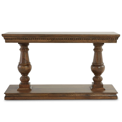 Front image of laurent console with no background. Two thick turned legs and a low shelf base