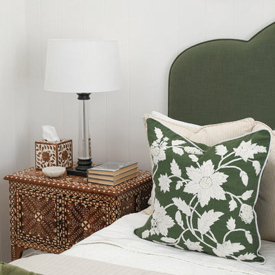 Green & White Embroidered Floral Cushion