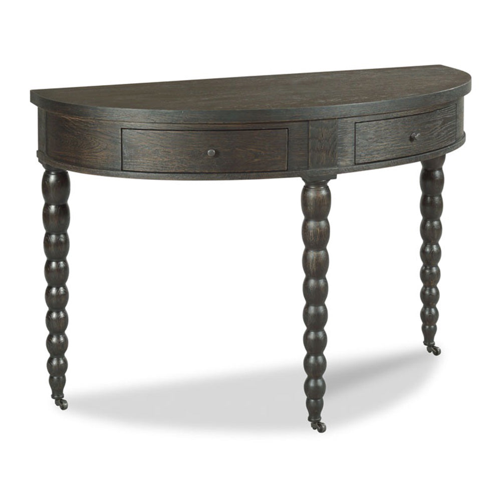 Front image of martha console table, featuring 3 bobbin turned legs and two front drawers
