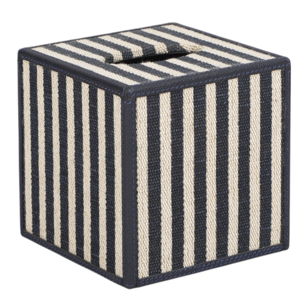 Navy Stripe & Navy Leather Tissue Box