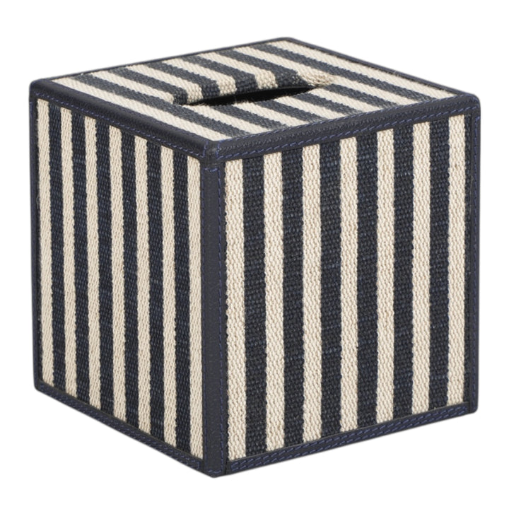 Navy Stripe & Navy Leather Tissue Box