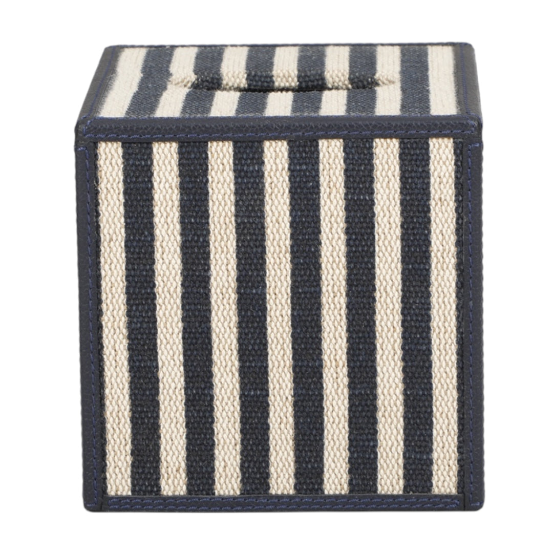 Navy Stripe & Navy Leather Tissue Box
