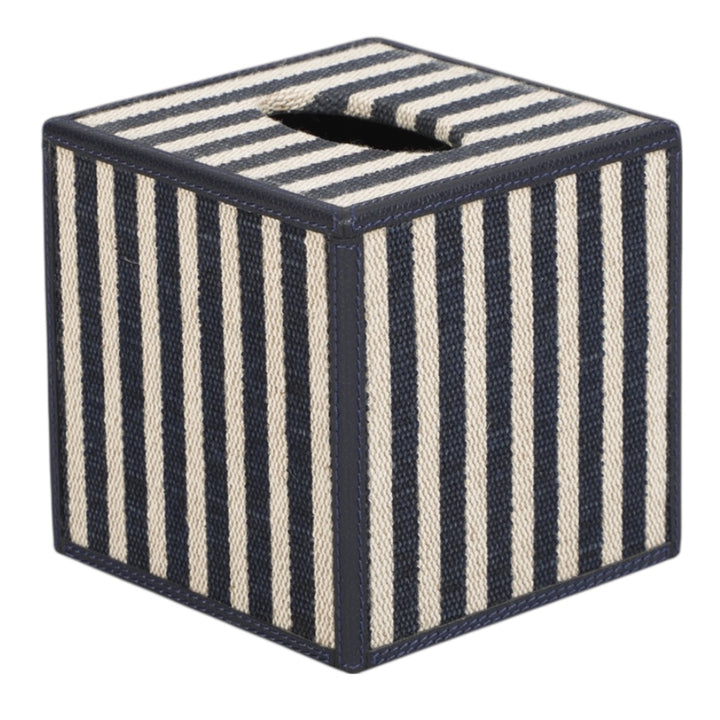 Navy Stripe & Navy Leather Tissue Box