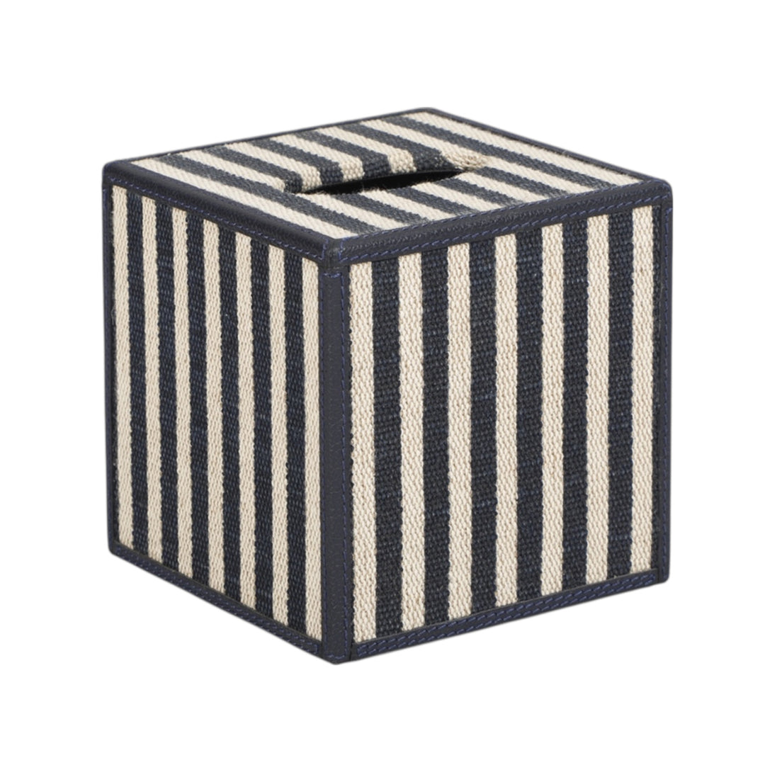 Navy Stripe & Navy Leather Tissue Box