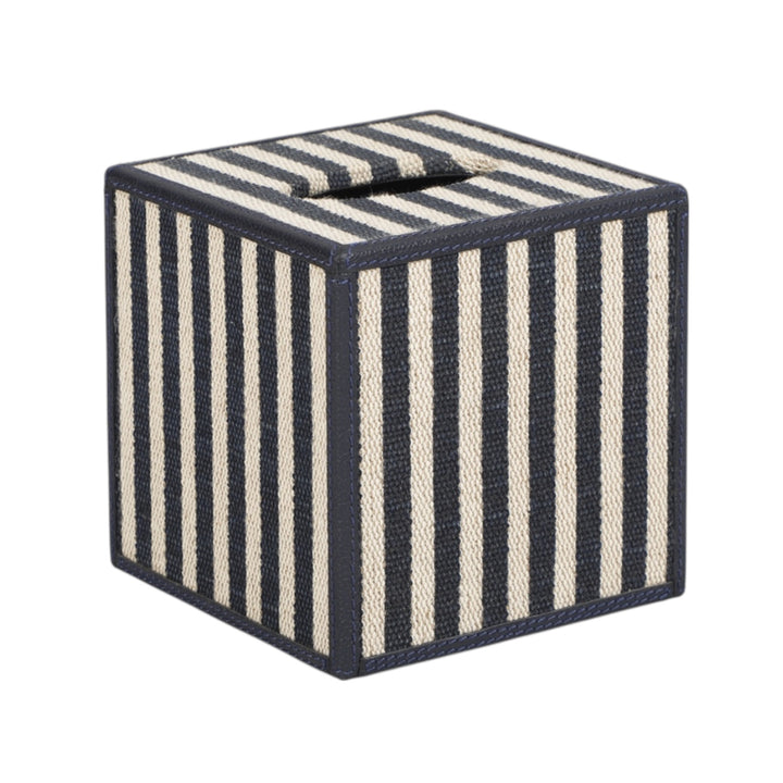 Navy Stripe & Navy Leather Tissue Box