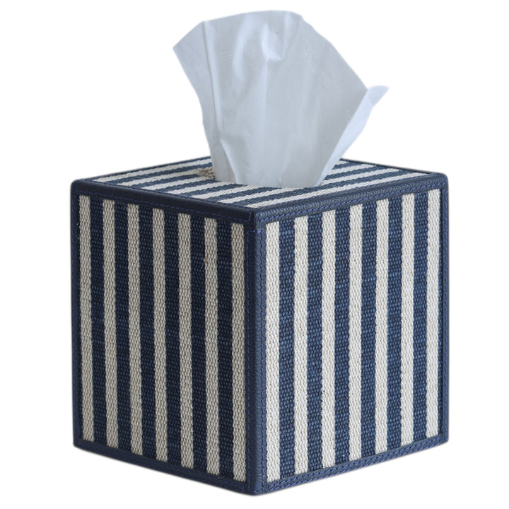 Navy Stripe & Navy Leather Tissue Box