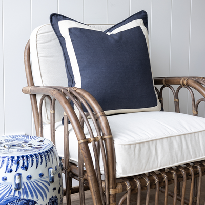 Navy Linen Ivory Border Cushion