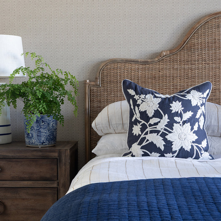 Navy & White Embroidered Floral Cushion