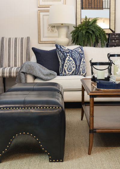 Navy Leather Ottoman
