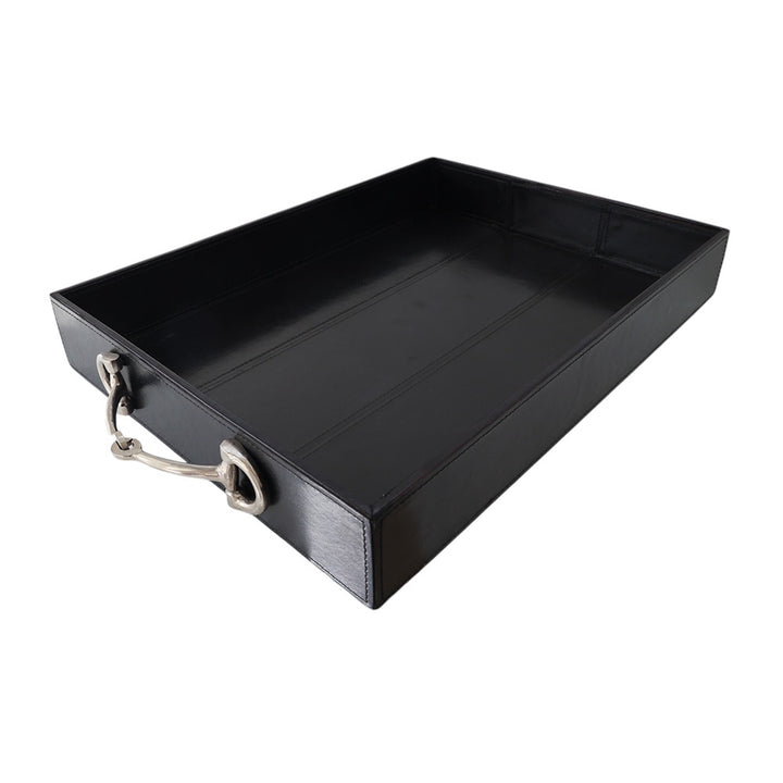 Navy Leather Tray with Nickel Handles