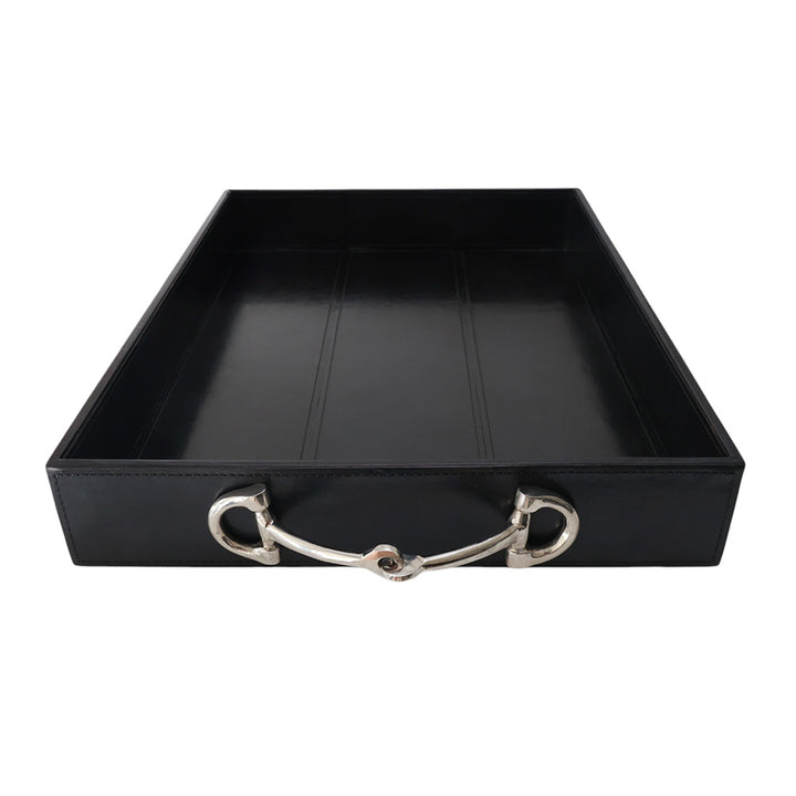 Navy Leather Tray with Nickel Handles