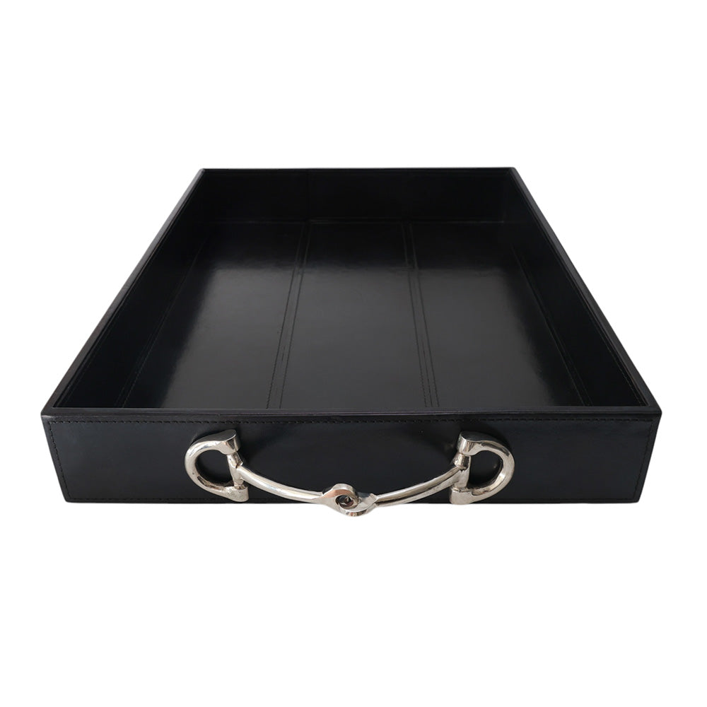 Navy Leather Tray with Nickel Handles
