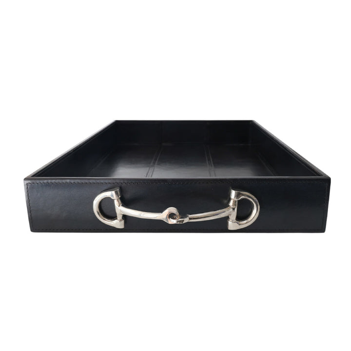 Navy Leather Tray with Nickel Handles