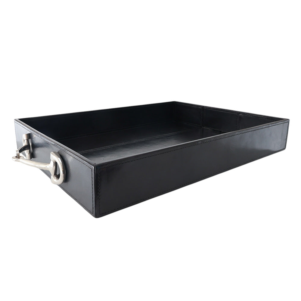 Navy Leather Tray with Nickel Handles