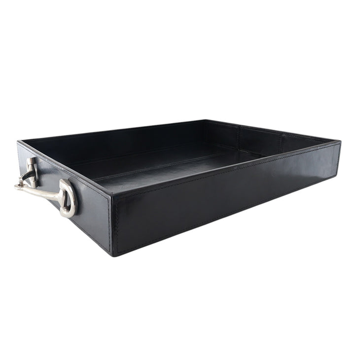 Navy Leather Tray with Nickel Handles