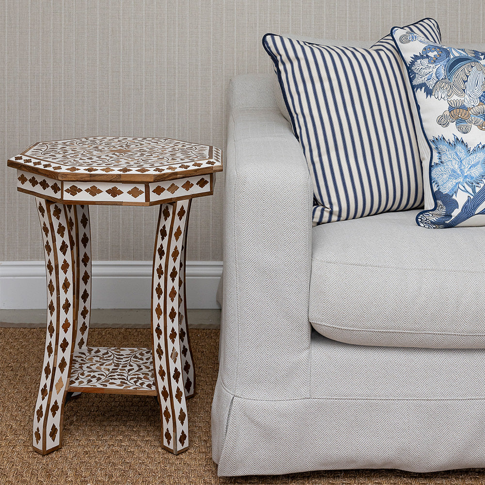 White & Teak Inlay Side Table