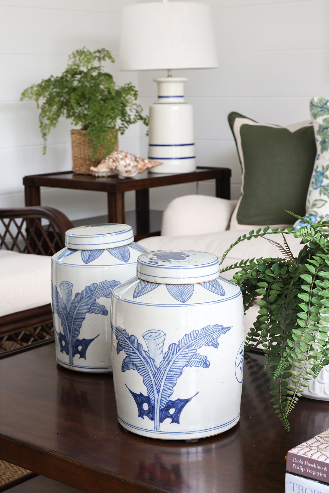 Blue & White Palm Leaf Tea Jar