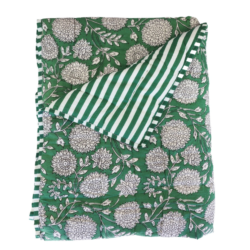 Pine Green Floral & Stripe Quilt