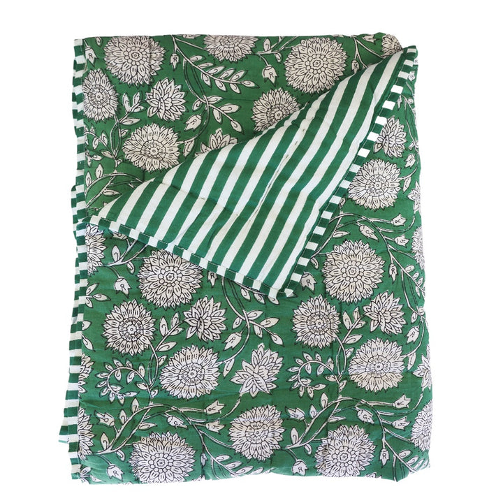 Pine Green Floral & Stripe Quilt