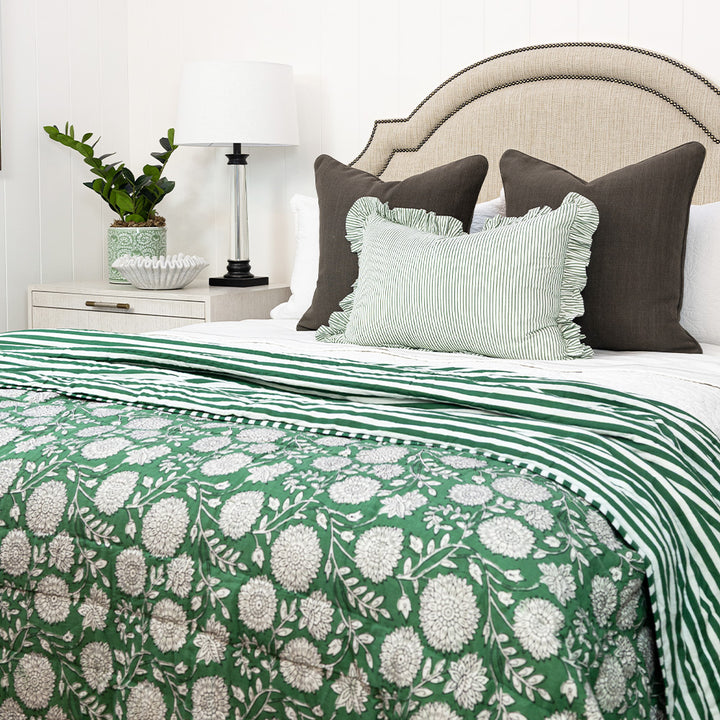 Pine Green Floral & Stripe Quilt