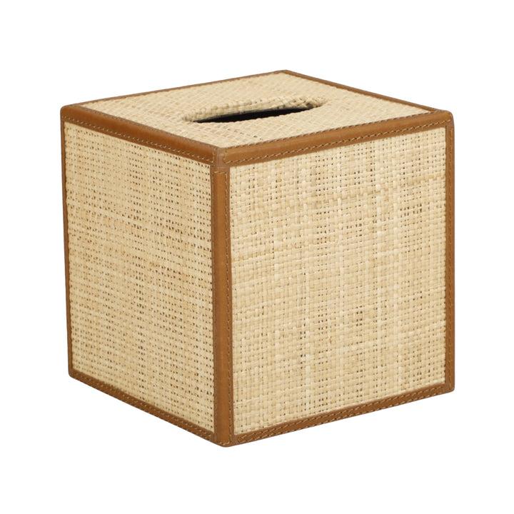 Raffia & Saddle Leather Tissue Box