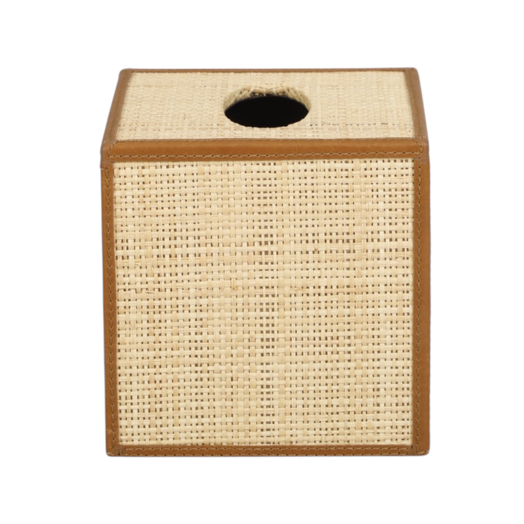 Raffia & Saddle Leather Tissue Box