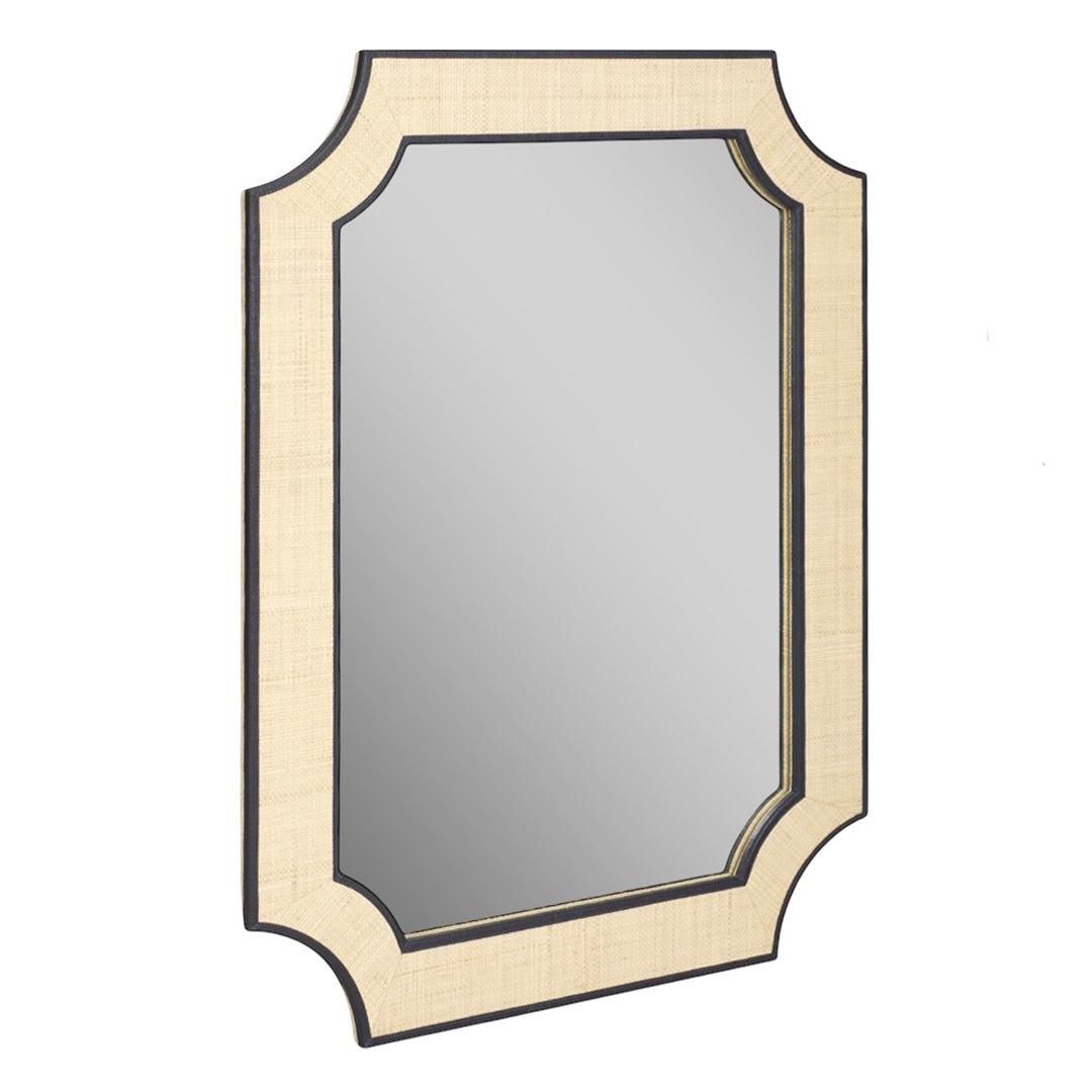 Raffia Mirror with Navy Leather