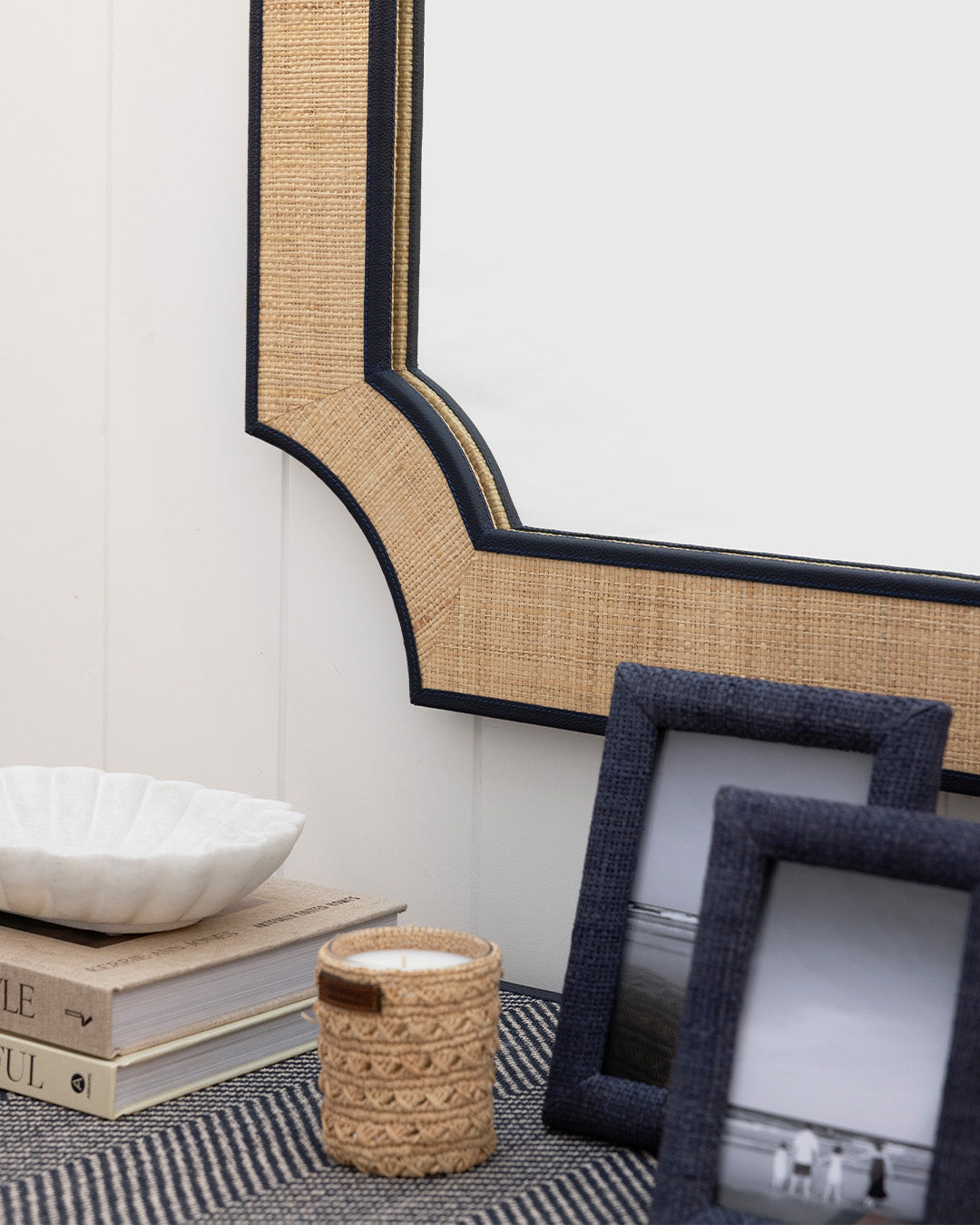 Raffia Mirror with Navy Leather