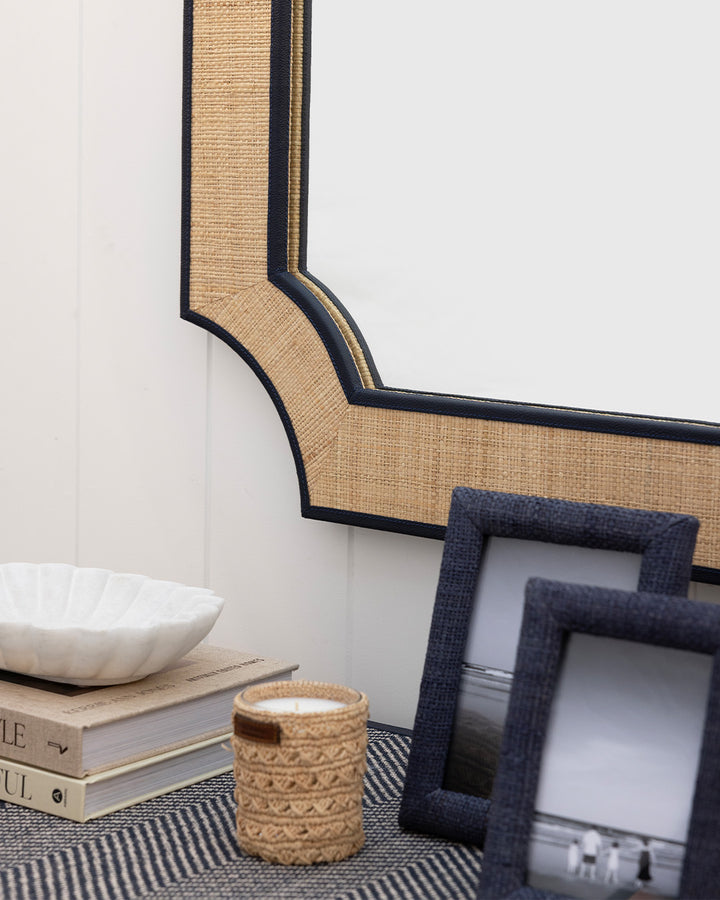 Raffia Mirror with Navy Leather