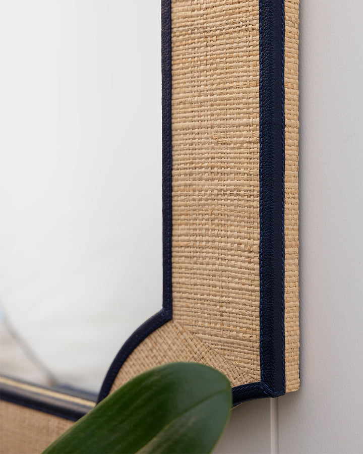 Raffia Mirror with Navy Leather