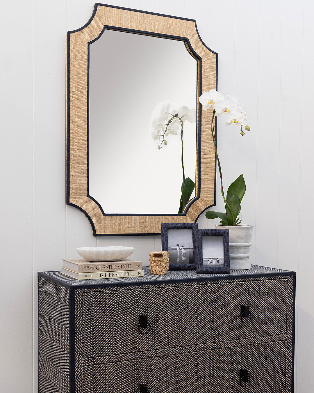Raffia Mirror with Navy Leather
