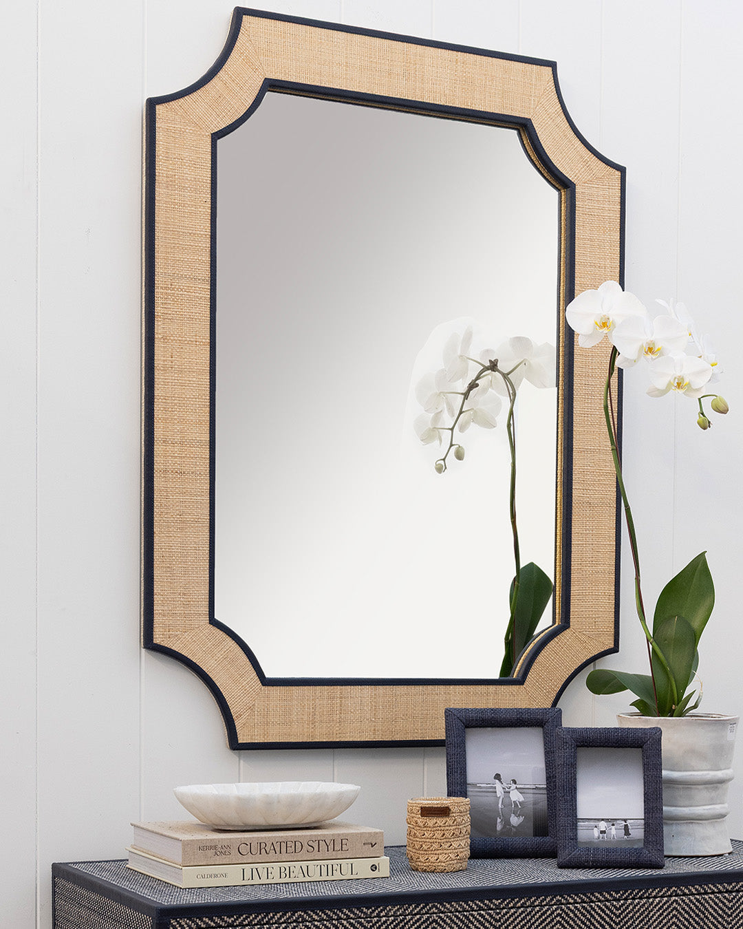 Raffia Mirror with Navy Leather