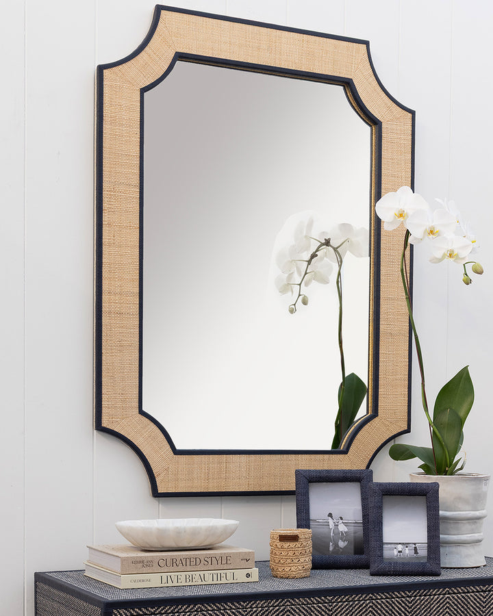 Raffia Mirror with Navy Leather