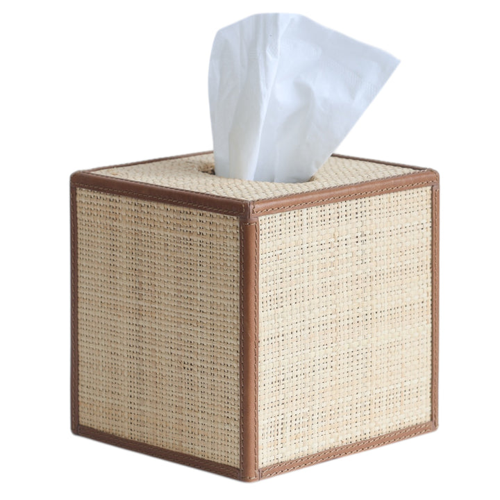 Raffia & Saddle Leather Tissue Box