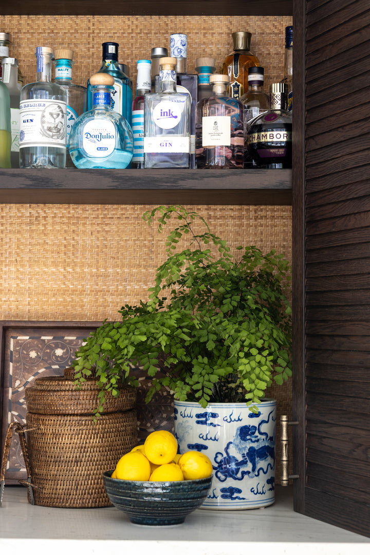 Image of rattan icebucket in bar with bowl of lemons, maidenhair fern in foo dog pot.